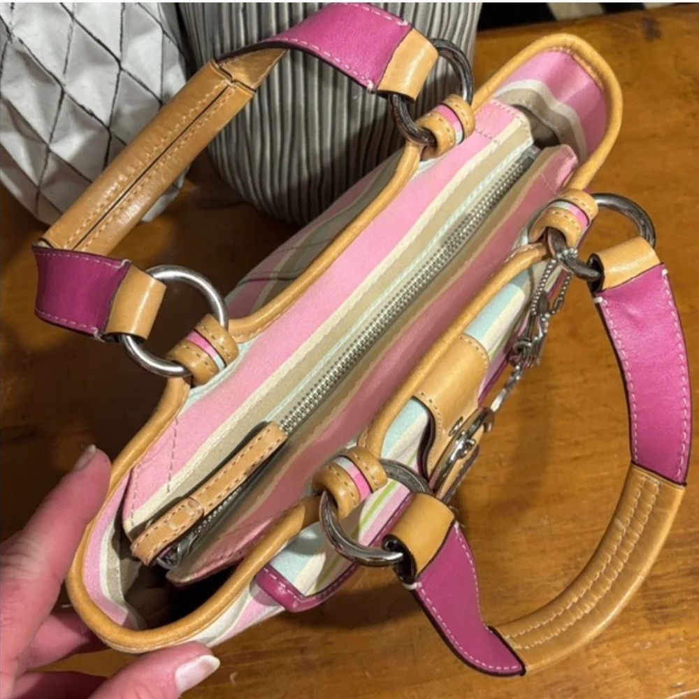 Coach Striped Signature Small Tote in Pink and Tan - Picture 8 of 12